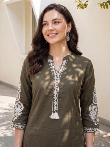 Image of INDO ERA Women's Cotton Straight Fit Floral Embroidered Kurta (KT0GN9776)