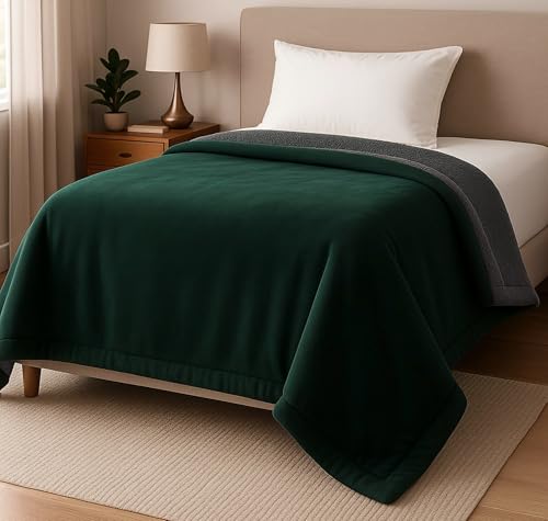 Image of SANMARINO Premium Sherpa Blanket | 350 GSM, Ultra-Soft & Cozy Single Bed Blanket (223x142 cm, 1100 g) | Warm Winter Blanket for Bedroom (Green & Grey, Single 1.1Kg)