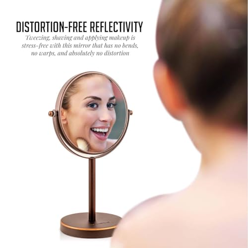 Image of OVENTE 6'' Tabletop Vanity Makeup Mirror, Antique Bronze MNLT60ABZ1X7X | Double Sided Round Magnifying Table Mirror with 1X /7X Magnification, 360 Rotation, Perfect for Dresser Bedroom Office Travel
