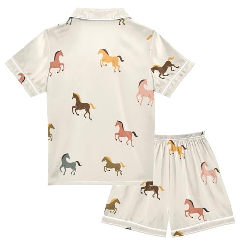 Satin Pajama Sets Short Sleeve Cute Horses Seamless Pattern Button Down Silky Nightwear 2 Piece PJS 5-14Y2