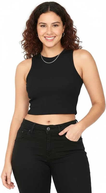 Women Ribbed Sleeveless Crop Top Classic Round Neck Slim Fit Casual Western Tank Top Summer Outerwear Layering Undershirt Breathable Solid Vest for Girls-picture-15