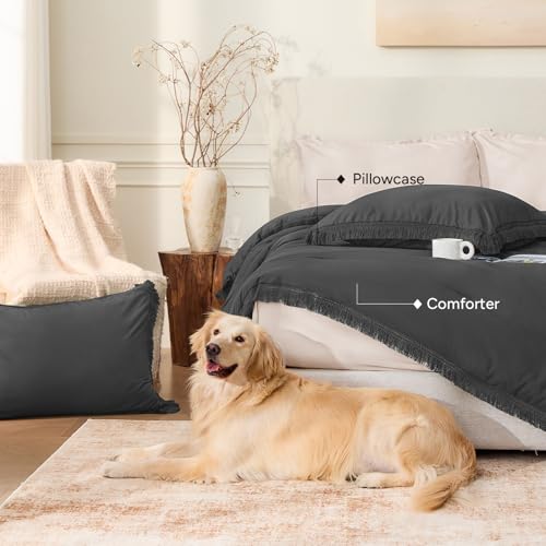 Image of Andency Comforter King Size Bed Set Dark Grey, 3 Pieces Boho Lightweight Winter Bedding Comforters & Sets, All Season Soft Tassel Bed Set (104x90In Comforter & 2 Pillowcases)