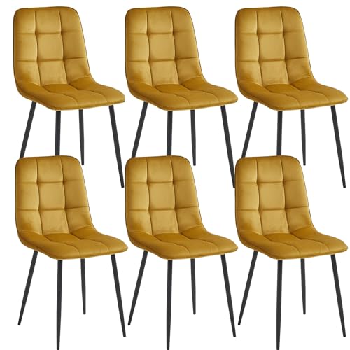 Colenis® - Chaises de Salle à Manger Ela - Lot de 6 - Jaune Ocre - Velours - Pieds en métal Stable - Chaise de Cuisine et Chambre à Coucher