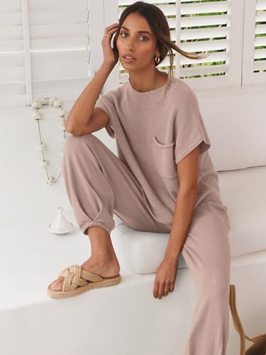 Image of ANRABESS Women's Two Piece Outfits Sweater Sets Knit Pullover Tops and High Waisted Pants Tracksuit Lounge Sets