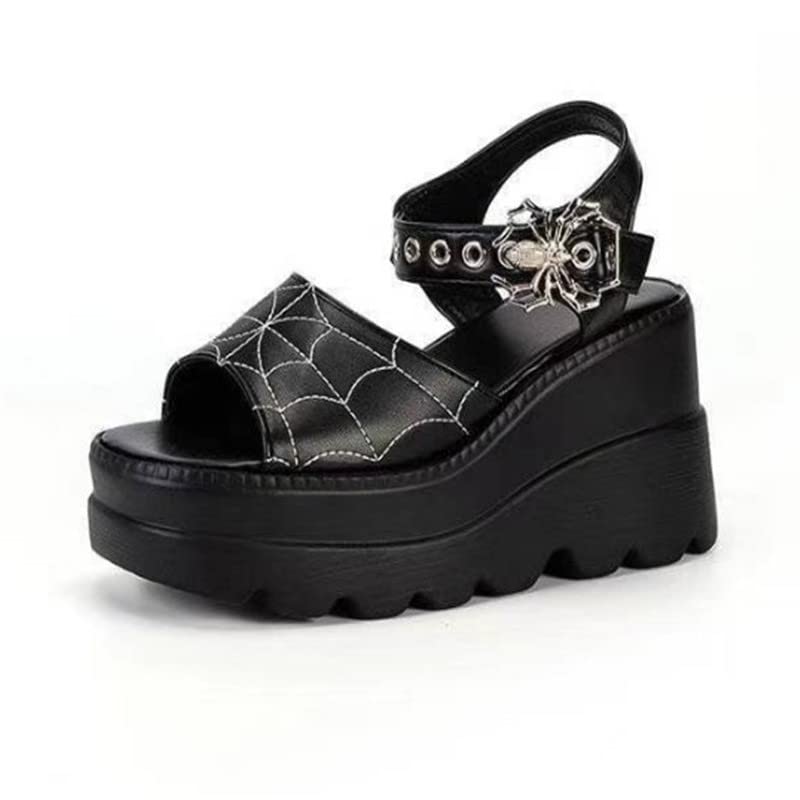 RZDYSQ Women's Platform Gothic Sandals, Open Toe Punk Goth Metal Buckle Summer Wedge Sandals (Matte Black-Spider,US-7.5)