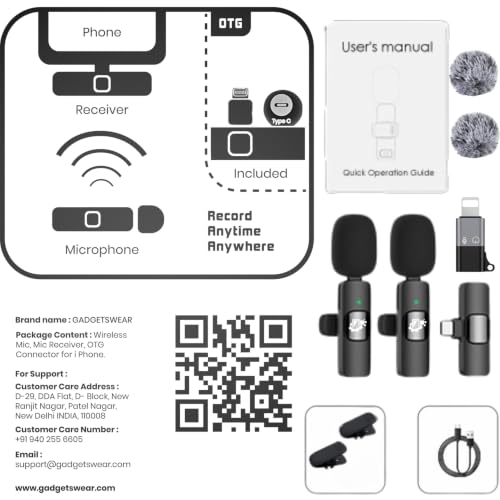 Image of GADGETSWEAR Dual Wireless K9 Lavalier Microphone Plug and Use for YouTube Recording Video, Collar Bluetooth Mic for Vlogging, Portable & Compatible Android, iPhone