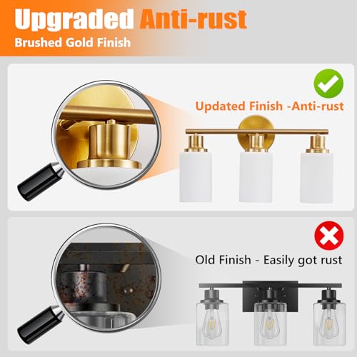 Image of DLLT 3-Light Bathroom Light Fixtures: Gold Modern Vanity Lights with E26 Bulbs - Milky White Glass Shade Bathroom Wall Lamp for Mirror Kitchen Living Room Hallway Cabinet Porch