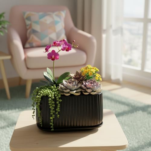 Image of Xtore Sculpted Ribbed Oval Planter with Drain Tray for Indoor & Outdoor Decor | Modern Minimal Flower Pot (Black, 23.5 cm) (Planter only)