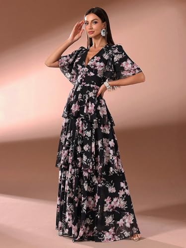 Image of TOLEEN Summer Casual Dresses for Women 2024 Spring Fashion Boho V Neck Long Sleeve Ruffle Floral Print Elegant Maxi Dress