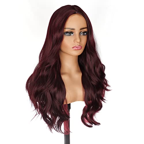 PORSMEER Long Dark Red Wigs for Women with Middle Part Natural Looking Loose Wave Wig Heat Resistant Synthetic Hair Burgundy Wig for Ladies Daily Wear or Party,26inch - Image 3