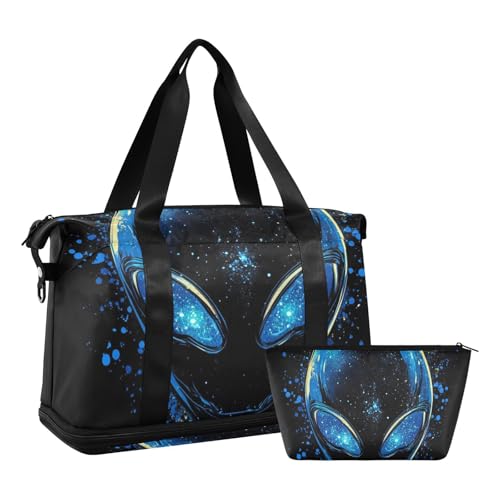 Glittering Aliens Black Gym Tote Bag Overnight Carry On Tote and Luggage with Toiletry Bag for Travel Large Capacity