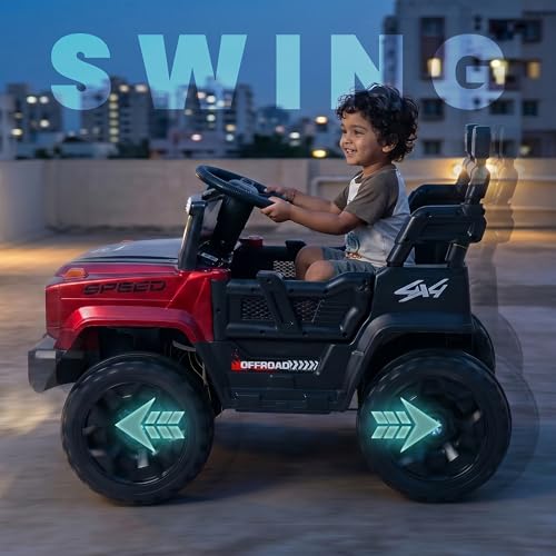 Image of Baybee SpeedRover Baby Battery Operated Jeep for Kids | Ride on Toy Electric Car with 4x4 Motors, Swing Mode, Led Lights & Music | Rechargeable Electric Ride on Toy Car for Kids 2 to 6 Years (Red)