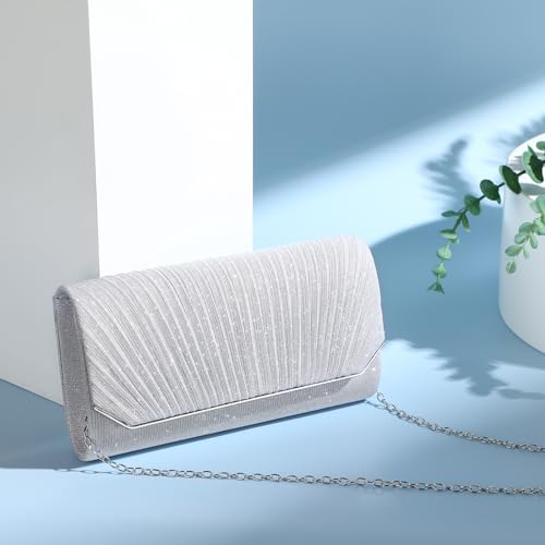 Image of Ladies Pleated Evening Clutches Glitter Envelope Handbag Elegant Small Shoulder Bag for Wedding Party Prom Bridal
