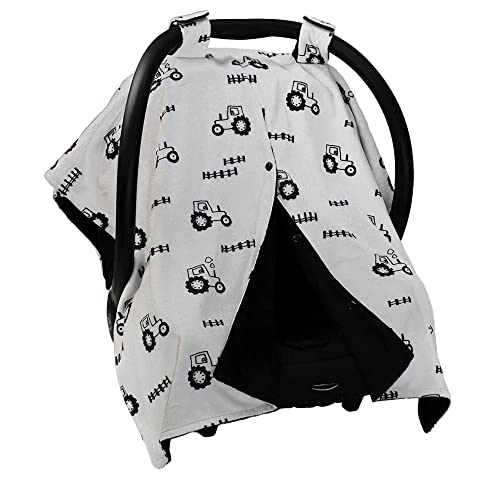 Image of Dear Baby Gear Car Seat Cover for Boys & Girls - Baby Carseat Canopy w /Snap Opening - Infant Seat Cover - Nursing Covers - Newborn Carrier Canopy - 40x30 inch (Black and Gray Farm Tractors & Fence)