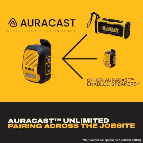 Image of DEWALT Heavy Duty Wearable Bluetooth Speaker Pro Max (New Model) Jobsite Clip-On Mini Speaker w /LED Work Light, IP56 Water Resistant, 12H Runtime, Built-in Mic & Multi-Speaker Link