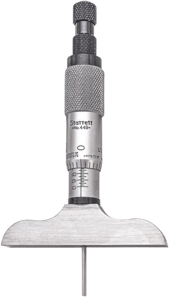 Starrett Micrometer Depth Gage with Non-Rotating Blade Combination Ratchet and Speeder in Case - Ratchet Thimble, 0-3" Range, .001" Graduation, 2-1/2" Base - 3 Rods - 449AZ-3R
