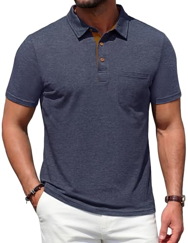 ASYJUMPD Mens Polo Shirts Short Sleeve Casual Classic Summer Cotton Shirts for Men Collared Golf Shirts with Pocket Navy Blue Large