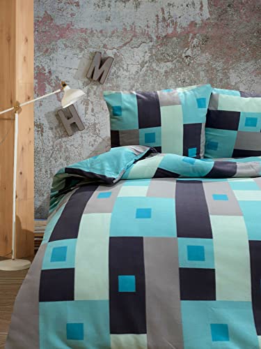 Leonado Vicenti Winter Bettwäsche 155x220 Thermo Fleece Flausch Garnitur Warm Deckenbezug Kissenbezug Bezug Grau Türkis 2 TLG Cover