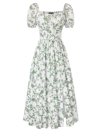 Image of Scarlet Darkness Summer Spring Split Floral Corset Midi Dress with Pockets | Floral dress with elastic sleeves, tie square neck, smocked back, 3 boned waist, left zip, side pockets, front thigh slit