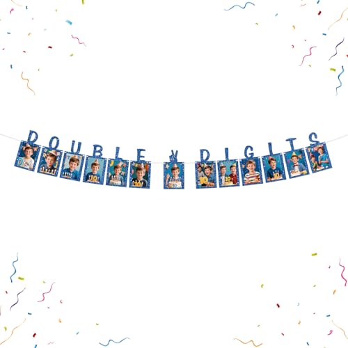 Double Digits Photo Banner Boy 10th Birthday Paper Photo Frame 10 Years Old Birthday Bunting Decorations Happy Birthday Picture Banner Blue Glitter