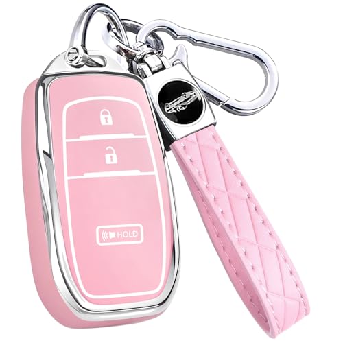 Key Fob Cover for Toyota - Premium Soft TPU Shell Full Protection Case with Keychain Fits Grand Highlander Corolla Camry Tundra Prius Sequoia Venza Tacoma 4Runner Rav4 Land Cruiser Pink 3-Button