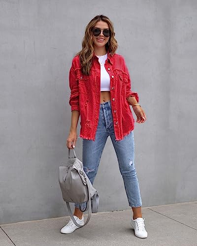 Women's Denim Jacket Casual Ripped Distressed Button Down Long Frayed Hem Boyfriend Jean Shacket Coats 20244