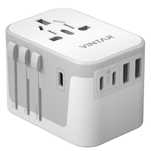 Universal Travel Adapter, VINTAR International Power Adapter with 6A 3 USB C and 2 USB Ports, All in One Travel Essentials Plug Adapter, Worldwide Outlet Converter for Europe UK AUS USA(Type A/C/G/I)