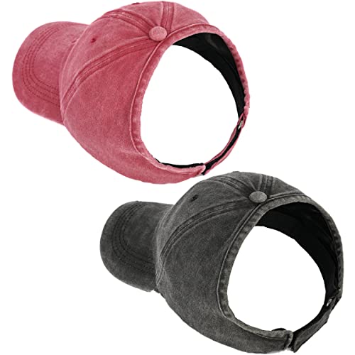 AICILY, Paquete de 2 gorras de béisbol sin parte trasera para mujer de pelo rizado o afro natural y cola de caballo, Negro y rojo