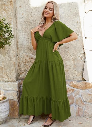 Image of Kikibell Women Summer Dresses Sexy V-Neck Maxi Dress Tiered Silhouette with Flutter Sleeve Backless Elastic Waist Flowy Dress