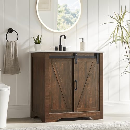 ONBRILL 30 Inch Bathroom Vanity with Sink Combo, Farmhouse Bathroom Vanities with Sliding Barn Door&Metal Handle, Freestanding Single Sink Cabinet with Adjustable Shelve&Thicken Frame (Rusty Brown)