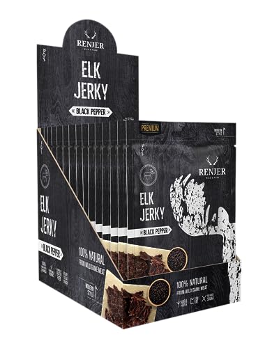 Renjer Elk Jerky with Black Pepper – Lot de 15 (15 x 25 g) – Expérience gustative nordique authentique, viande de gibier, qualité gourmande, collation parfaite pour les déplacements