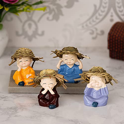 Image of AUGEN Polyresin Set of 4 Buddha Monks Statues Figurines Showpiece for Wall Shelf Table Desktop Living Room Car Dashboard Decoration Home Office Decor (Multicolour)(7698F)
