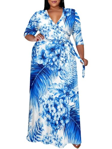 Image of SUZONANA Plus Size Maxi Dresses for Curcy Women Casual Loose 3 /4 Sleeve Long Dress with Belt