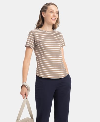 Image of Jockey A121 Women Super Combed Cotton Stripe Fabric Relaxed Fit Round Neck Half Sleeve T-Shirt with Curved Hem Styling