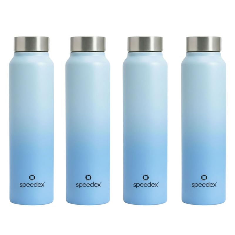 Image of Speedex Stainless Steel Water Bottle 1 Ltr, Leak Proof Screw Cap, BIS Approved 1000 ml Metal Bottle For Daily, Office, School, Gym, Travel Use for Men, Women, Kids, Adults, Dual Blue, Set of 4