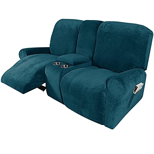 Housse en velours extensible et inclinable avec console et poches, tissu doux et lavable – Housses de 2 à 3 places pour meubles, canapés, canapés et...
