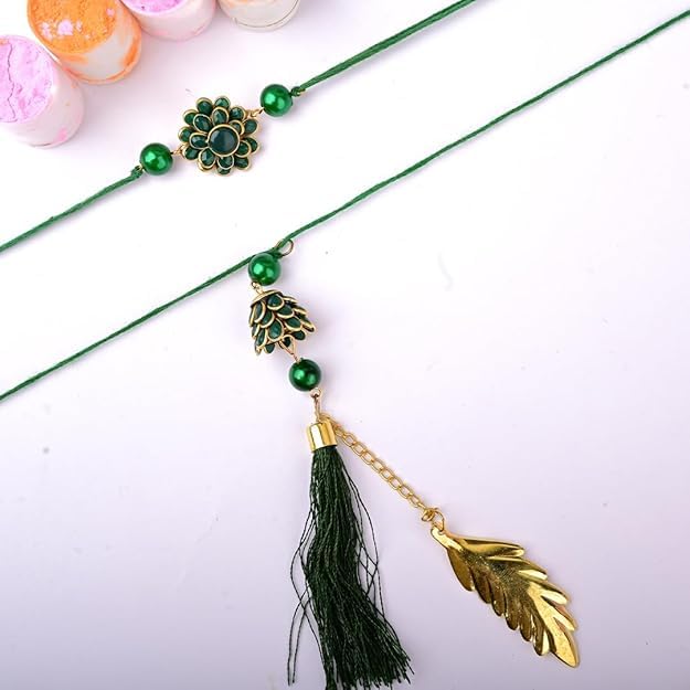 Image of Saudeep India Fridge Magnet with Rakhi Combo Gift Set of Lumba Couple Rakhi for Bhaiya Bhabhi | Travel Souvenir | Refrigerator Magnet(Green Feather)