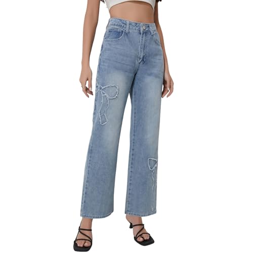 Women's High Waisted Jeans with Bowknot, Straight Leg Light Wash, Relaxed Fit Denim Pants3