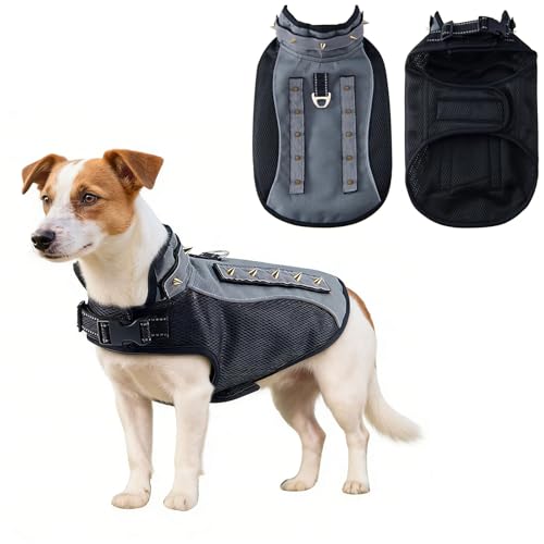 Spiked Small Dog Vest,Reflective Dog Harness Vest with Removable Spikes, Anti-Bite & Predator Protective Tactical Dog Jacket with D-Ring & Breathable Linings Grey XS