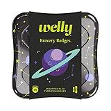 Welly Bandages | Adhesive Flexible Fabric Bravery Badges | Assorted Shapes for Minor Cuts, Scrapes, and Wounds | Colorful and Fun First Aid Tin | Space Patterns - 48 Count