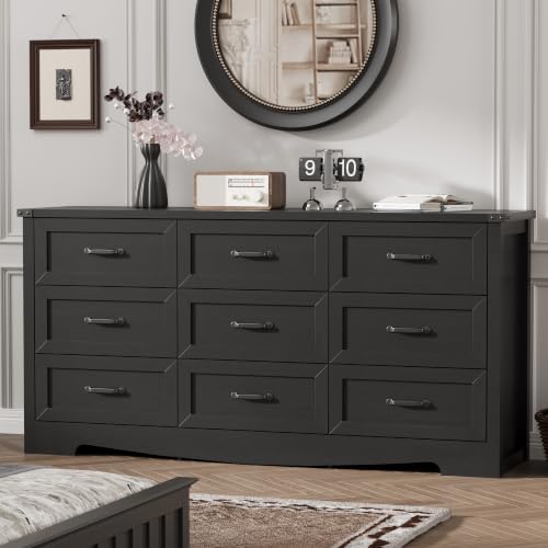 Image of Dresser for Bedroom with 9 Drawers, 63 inch Wide Wood Chest of Drawers with Deep Drawers & Mental Handle, Modern Dresser TV Stand, Wooden Closet Storage Organizer for Living Room, Hallway, Entryway, Black
