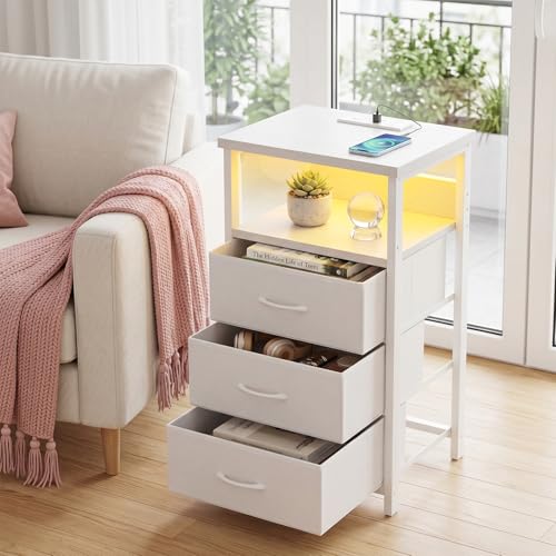 Image of Fixwal White Nightstand with Charging Station, LED Night Stand with 3 Fabric Drawers and Open Shelf, Bedside End Table in Bedroom