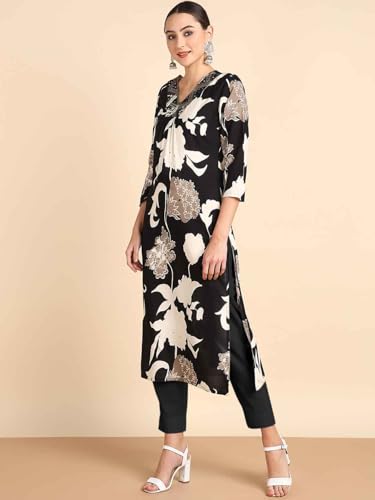 Image of Maaesa Women Casual Floral Printed Rayon Straight Kurta | V-Neck | 3 /4 Sleeves | Lightweight & Breathable Fabric