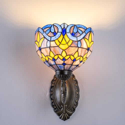Image of Blue Baroque Tiffany Wall Sconce 8 inch Stained Glass Wall Light with E26 Base Vintage Art Deco Wall Lamp for Bedroom Hallway Living Room Home Office