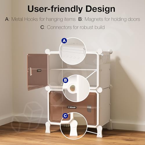 Image of BOXJOY 4 Shelf White Shoe Rack with 2 Brown Doors, Magnets and 5 Hook Steel Holder for Home Storage Box Organizer, Hard PET Plastic with Metal Door Frame, Shoe Chappal Slipper Sandals Stand