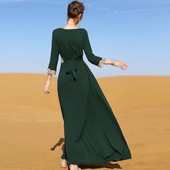 Obeeii Moslim avondjurk voor dames, Dubai, kaftanjurk, volledige lengte, bloemenborduurwerk, Marokkaanse jurk, islamitische Turkse jurk, bruiloft, avondfeest, feest, Donkergroen, M
