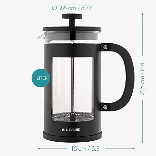 Navaris French Press Coffee Maker - 1000ml 8 Cups Cafetiere Espresso Presser with Coffee Plunger, Filter, Borosilicate Glass Jug, Handle - Black