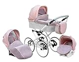SKYLINE Klassisch Retro Stil Wicker LUX Kombi-Kinderwagen Buggy 3in1 Reise System Autositz (Isofix) (Light Pink/17