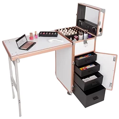 COYEUX Escritorio de manicura móvil portátil, Mesa de Maquillaje Plegable, Rueda con Freno Universal, Reproductor Bluetooth, para salón de técnico de maquillador