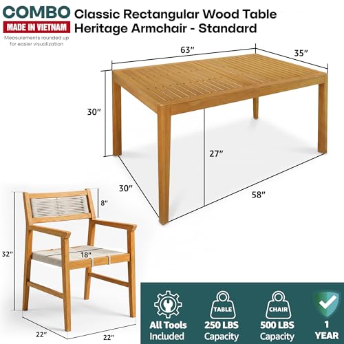 Image of Acacia 7 Pieces Outdoor Dining Set for 6-Person, 63 inch L Classic Rectangular Table & 6 Handwoven Rope Chairs - Eucalyptus Grandis Solid Wood, Weather Resistant Patio Furniture Set, Natural